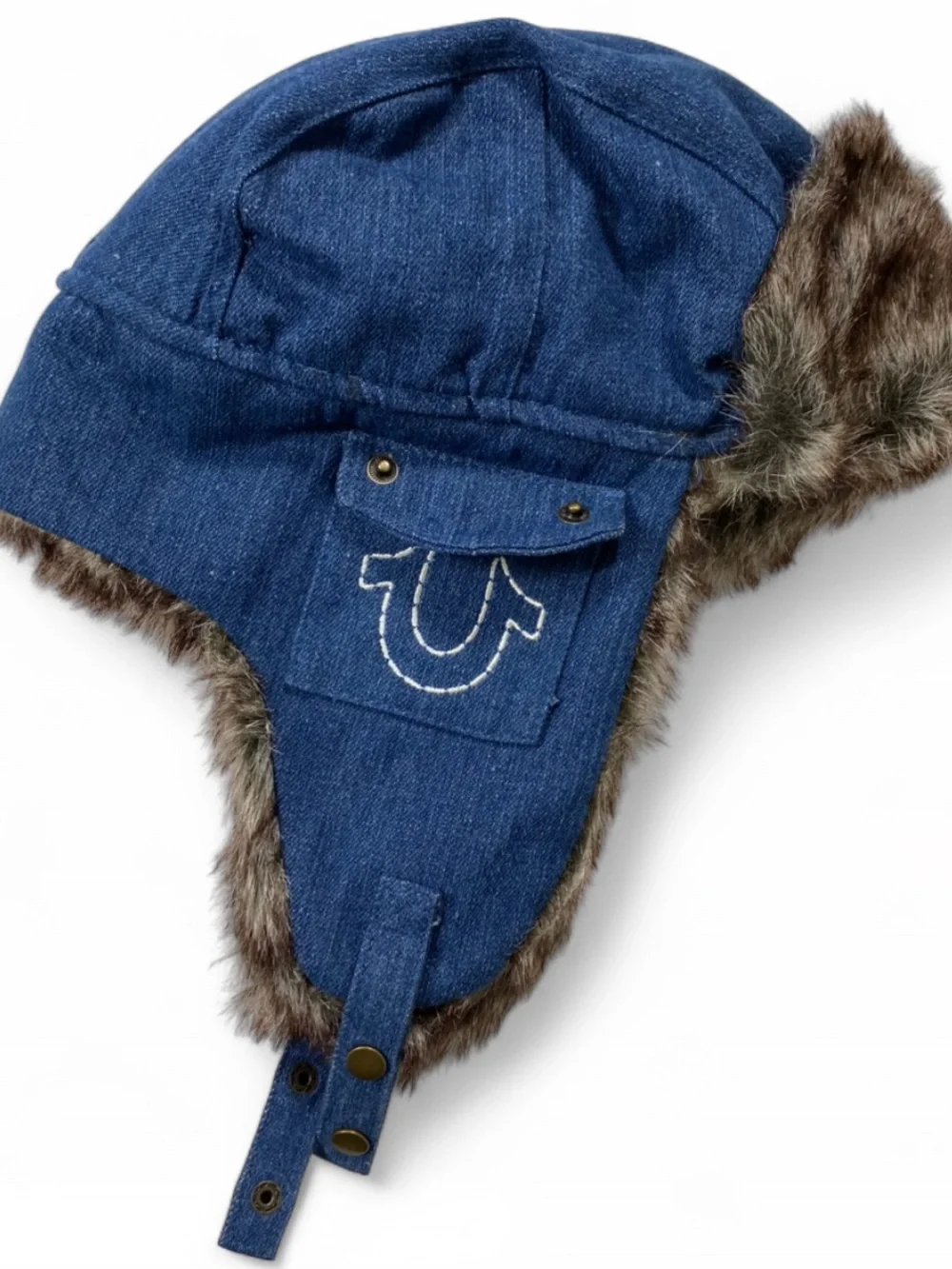 True Religion Blue Denim Faux Fur Hat Trapper Hat NWT
